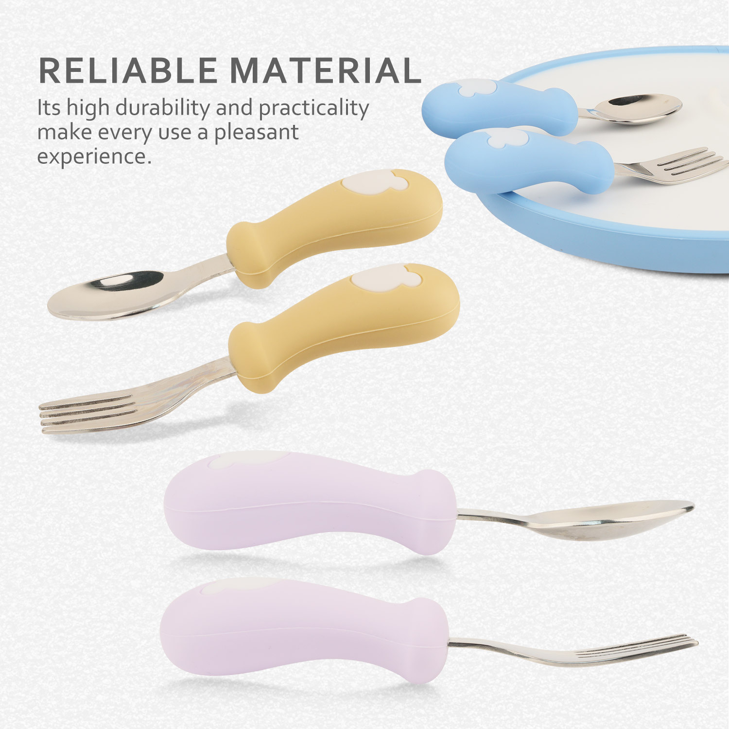 Children's short-handled dessert spoon, stainless steel head spoon and fork set, creative new product. Baby's self-feeding tableware. Safe, durable and easy to clean Specification image