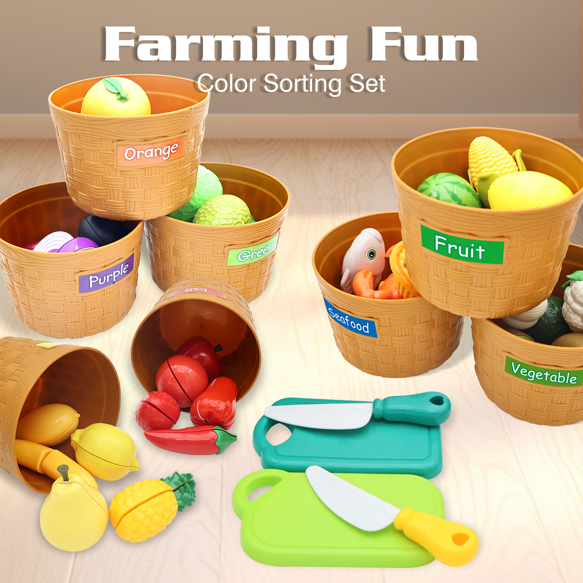 Teaching AIDS for children aged 0-3 years old: simulated fruit and vegetable kitchen toys, play house, classified games, color recognition, cognitive education toys, and other play House series toys full figure