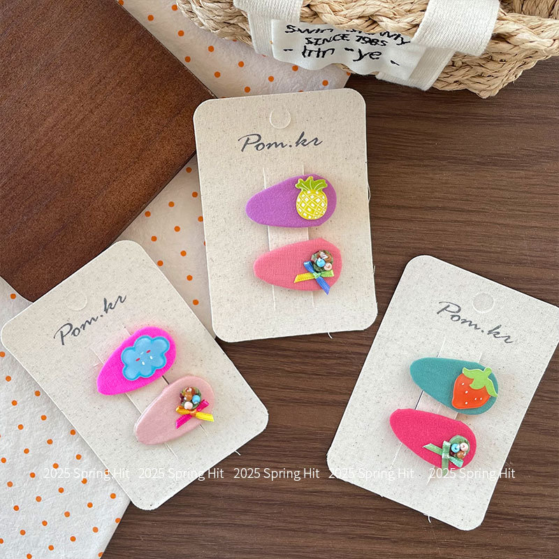 New Korean-style cloud children's hair clip, side broken hair bangs clip, bow, girl fruit series double set bye-bye hair accessory Specification image