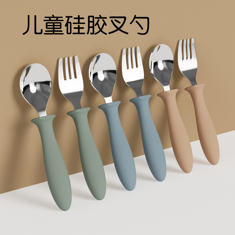 Baby learning to eat training spoon, children's stainless steel baby spoon, silicone handle, safe complementary food fork, feeding tableware set details Picture
