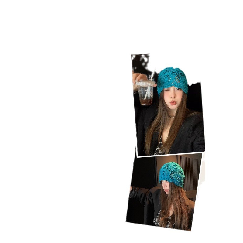 Japanese-style niche design, Bohemian ethnic style, hand-stitched and hollowed-out flower knitted cap, adult women's headpiece cap, fashionable and trendy warm cap Item Picture