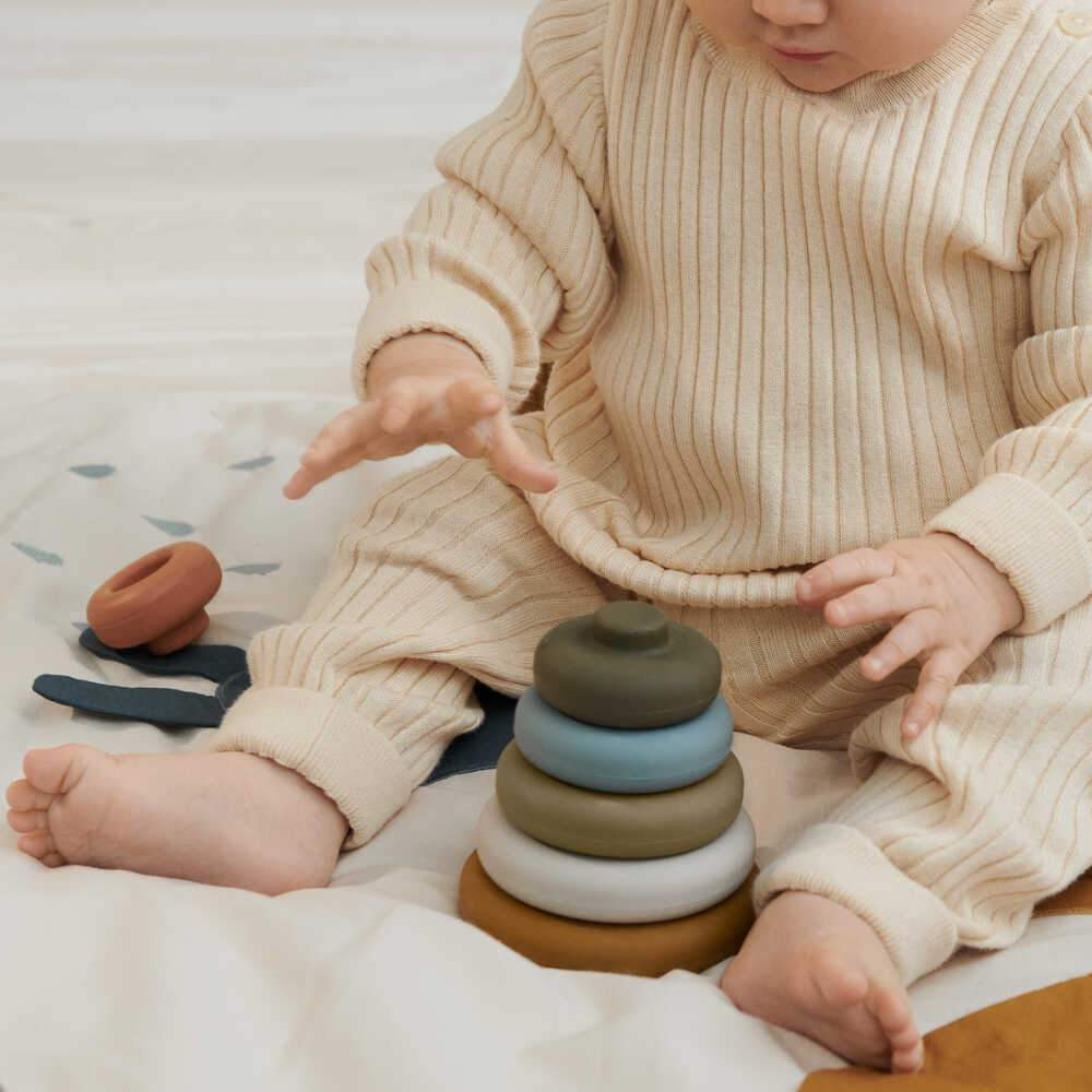 Cross-border new Jenga rainbow ring silicone building blocks Baby Baby Bite music toy Pile Pile music silicone stacking blocks safe and non-toxic Specification drawing