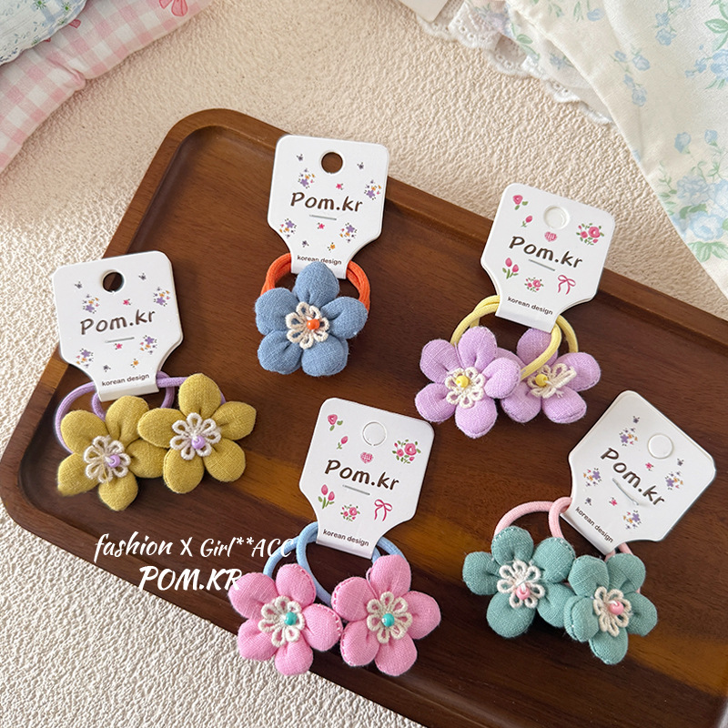 New cute flower-colored fabric children's hair tie for spring 2025, sweet and fresh high-elasticity rubber band headwear for little girls