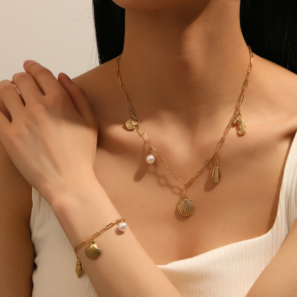 轻奢钛钢珍珠贝壳海螺海星带钻夏季热销保色首饰套装夏日新款饰品