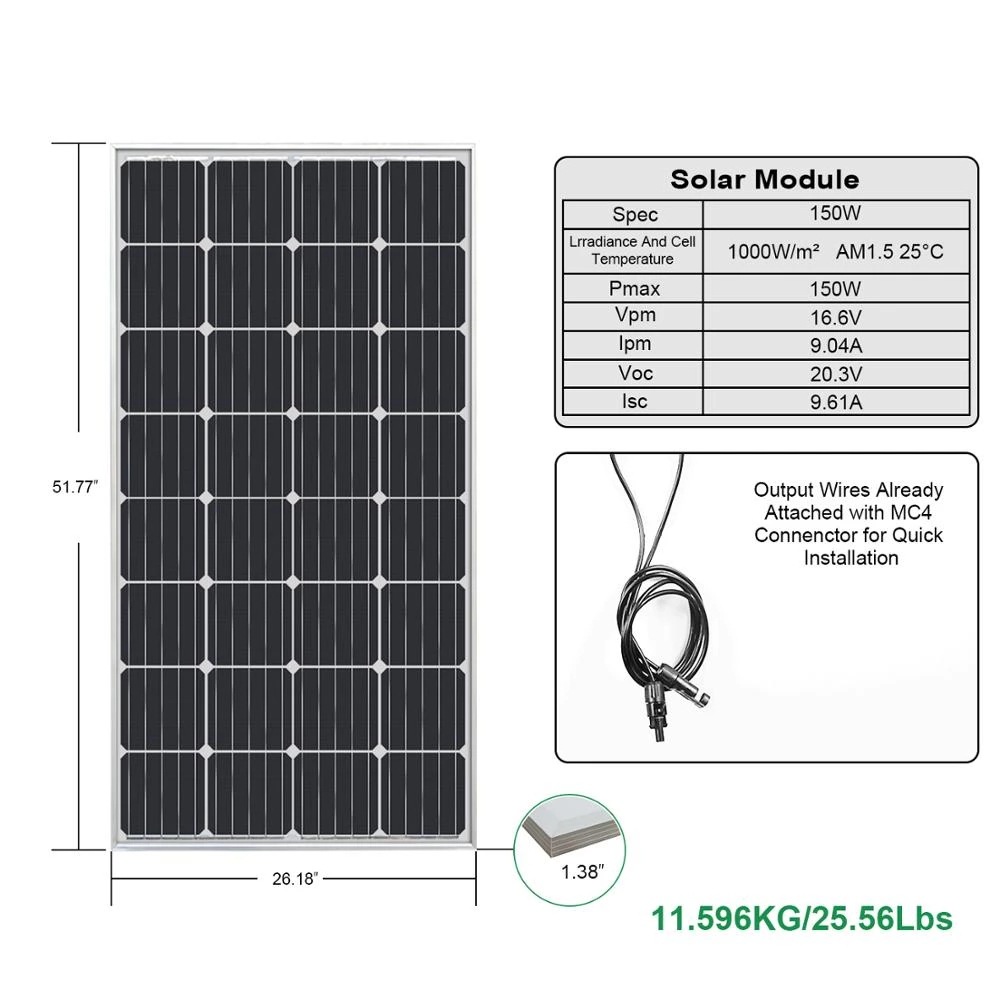 Ecoworthy monocrystalline 150W solar panel, glass panel, emergency energy storage photovoltaic module, electrical and electronic, solar cell system Specification image