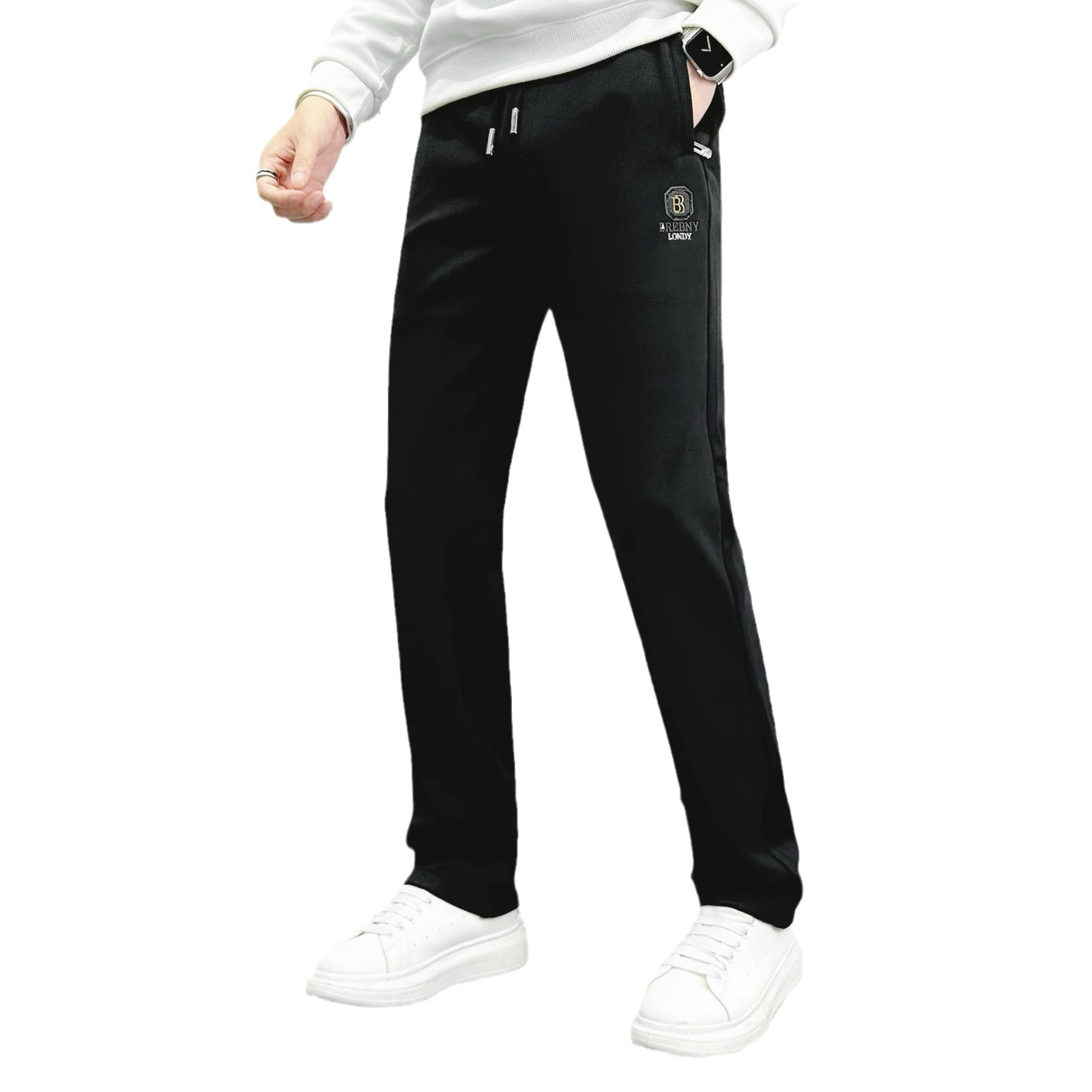 Korean men's casual pants, black solid color drawstring tapered Harem pants, high-elastic and breathable sports outdoor pants Item Picture