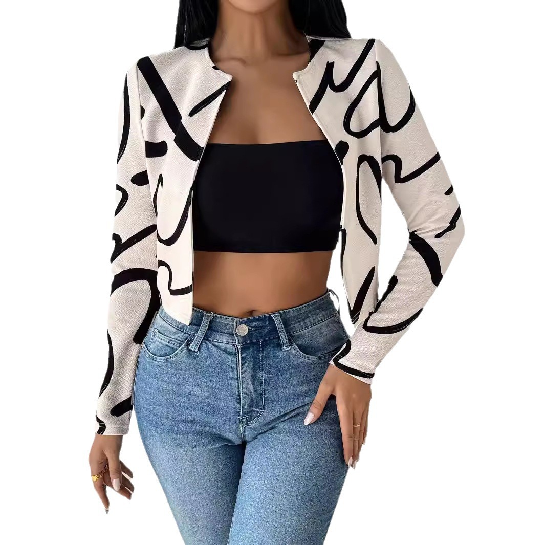 European and American cross-border 2025 Autumn/Winter new elegant women's fashion casual abstract printed cardigan jacket baseball jacket women's wear Item Picture