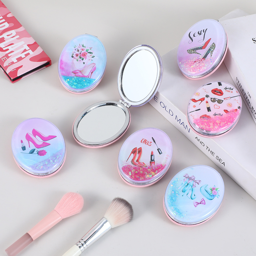 随身便携简约椎圆面包流沙高跟鞋补妆镜双面折叠化妆镜日用百货卫浴用品