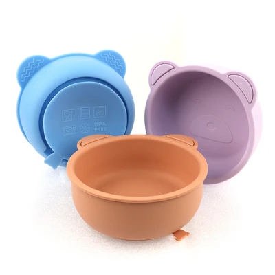 Bear brand children's silicone bowl with cover baby food bowl Microwave oven can be heated snack bowl vigorously suction cup to prevent spilling daily feeding tableware safe and healthy thumbnail