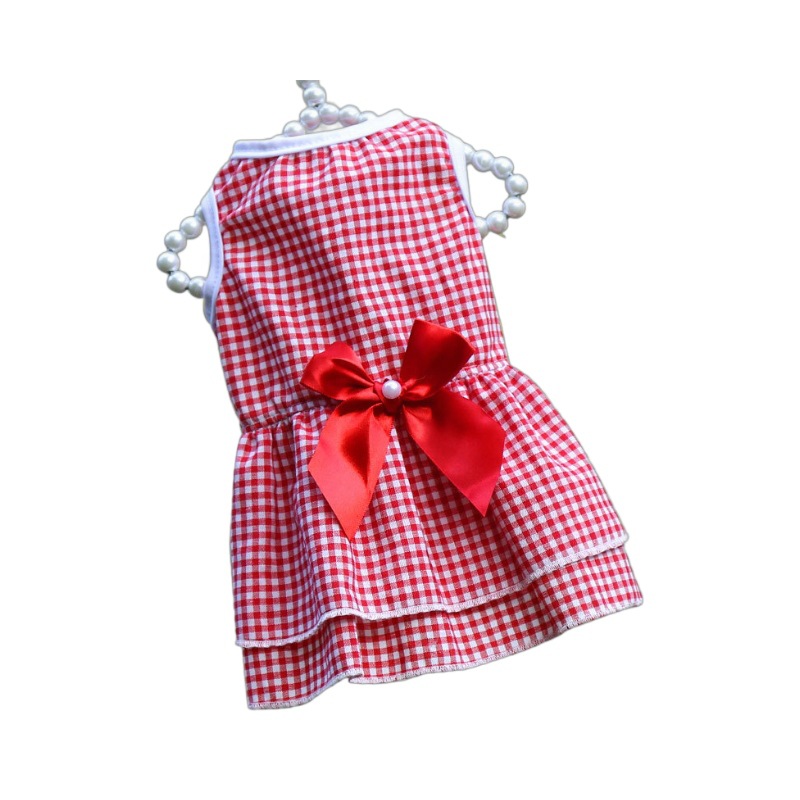 New spring, summer and autumn pet dog dresses, wedding gowns, bow designs, checkered and striped styles, cat Pomeranos, suitable pet clothing and dog clothing Item Picture