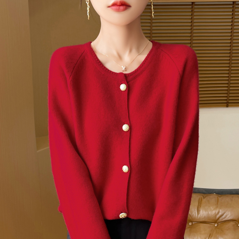 "Instant beauty!" New autumn and winter 100% pure wool cardigan knitted women's round-neck loose sweater coat, 2025 thick Item Picture