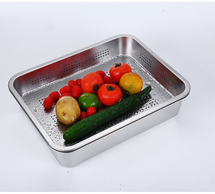 Rectangular, deepened stainless steel square basin, flat-bottomed tray, with holes in the tray, covered, washing and filtering basin, deep square basin for drying and draining water pic 17