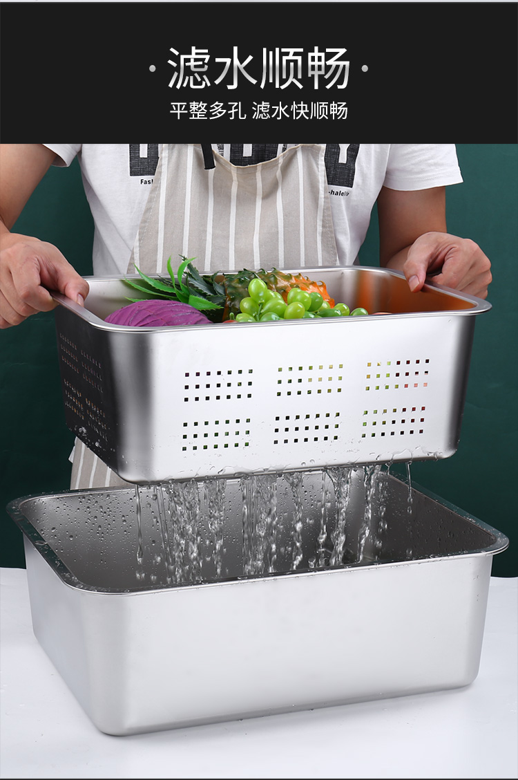 Rectangular, deepened stainless steel square basin, flat-bottomed tray, with holes in the tray, covered, washing and filtering basin, deep square basin for drying and draining water pic 4