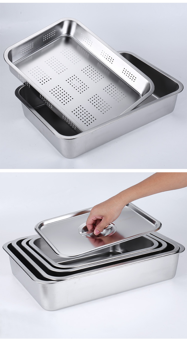 Rectangular, deepened stainless steel square basin, flat-bottomed tray, with holes in the tray, covered, washing and filtering basin, deep square basin for drying and draining water pic 16
