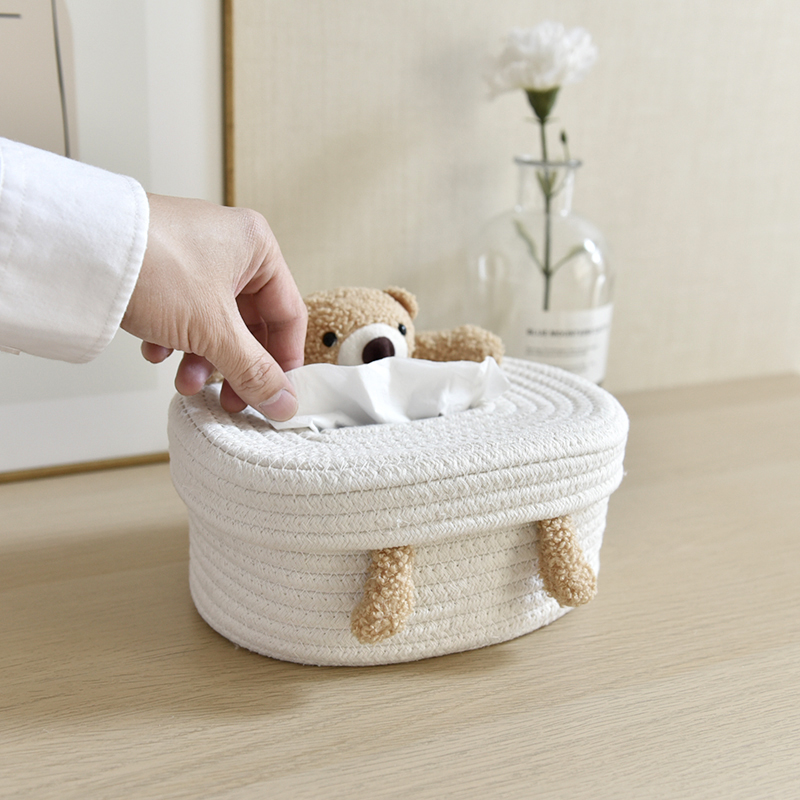 Creative cartoon Nordic-style rectangular cotton rope woven panda tissue box, home living room car tissue storage box
