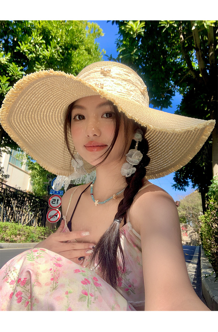 蕾丝蝴蝶结大帽檐草帽2025新款海边沙滩防晒帽子女士漂亮遮阳帽详情8