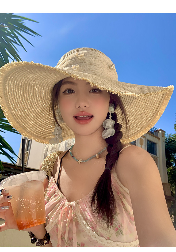 蕾丝蝴蝶结大帽檐草帽2025新款海边沙滩防晒帽子女士漂亮遮阳帽详情9