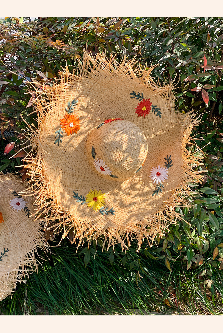 法式拉菲草花朵草帽女夏季沙滩海边编织大帽檐太阳帽子遮阳防晒帽详情12