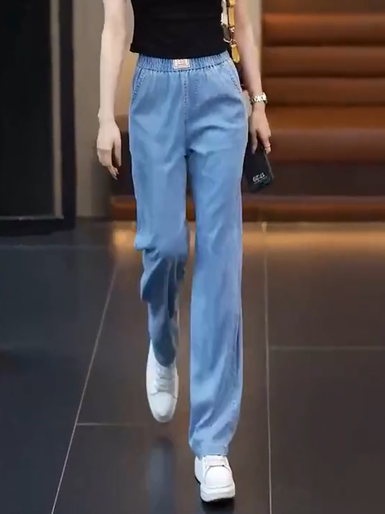 Summer Tencel thin jeans, women's stretched-waist narrow wide-leg pants, ice silk drape, petite casual straight-leg pants details Picture