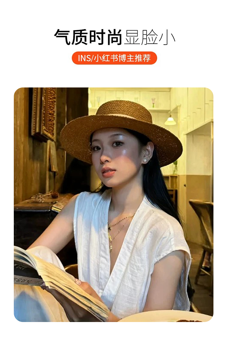 Old Qian style retro flat-topped straw hat for women, summer beach sun hat, sun protection hat, straw woven top hat pic 4