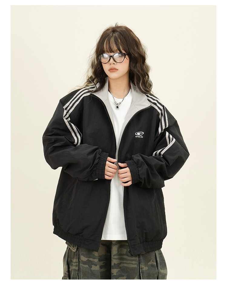 怕麻烦三条杠双面穿夹克女2024秋季新款宽松bf美式复古学院风外套详情11