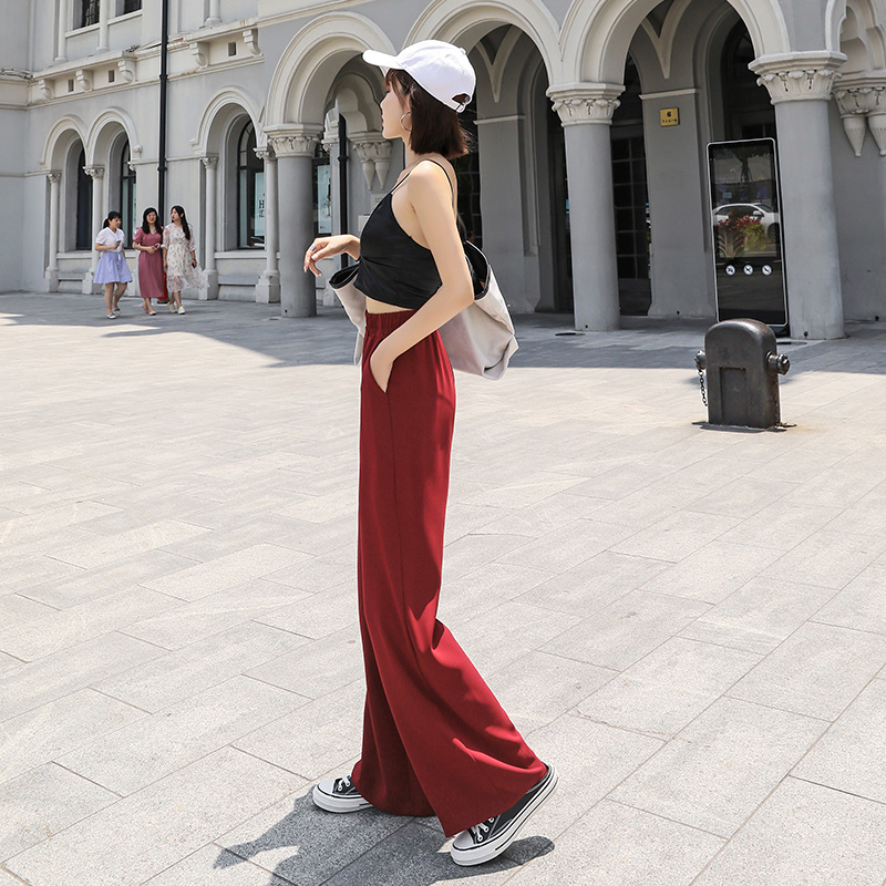 阔腿裤女高腰春夏垂感宽松直筒西装裤休闲红色显瘦松紧腰拖地裤子