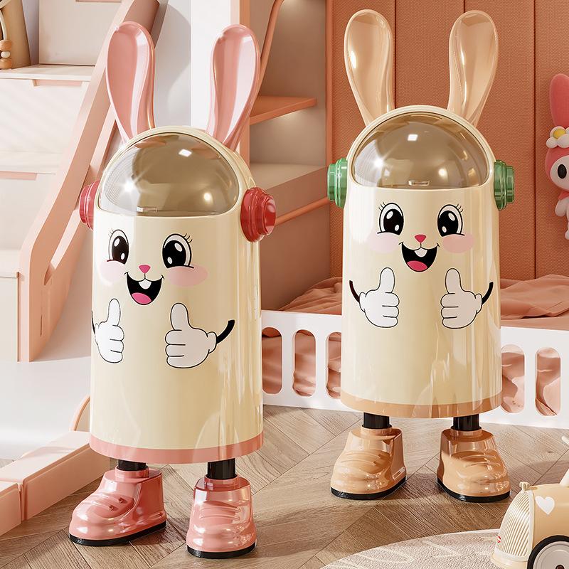 Creative cartoon household flip lid trash can, high appearance level, rabbit ears, double bucket with lid and pulley, kitchen and living room trash can