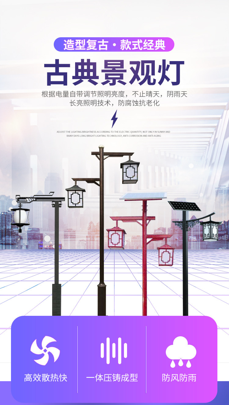 国潮仿古中式庭院灯户外3米景观灯小区公园景区复古双头LED太阳能路灯详情2
