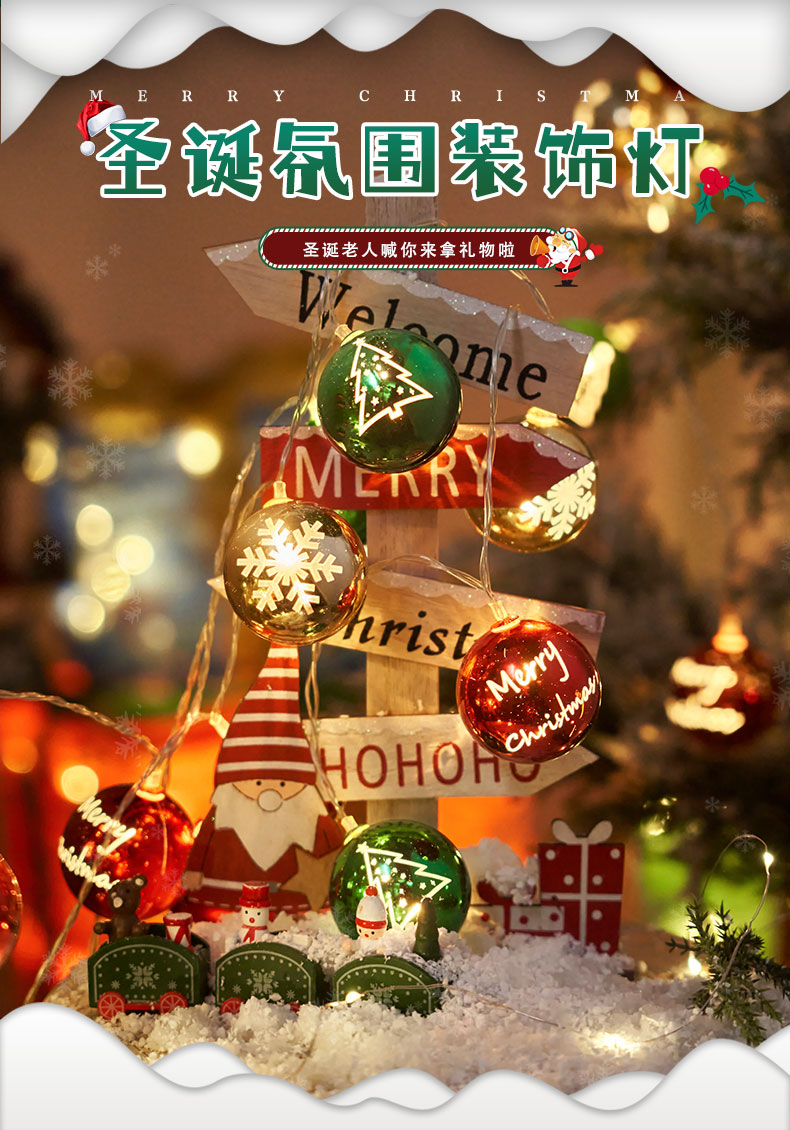 跨境圣诞元旦装饰灯橱窗客厅圣诞氛围布置挂件LED电镀球彩闪灯串详情1