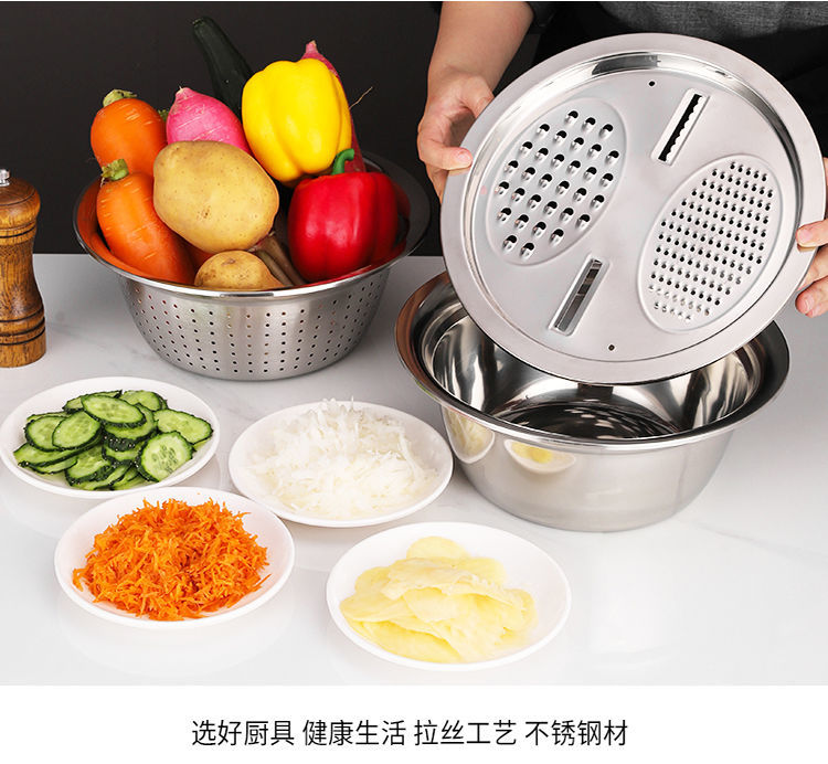 多功能加厚不锈钢盆沥水篮抛丝切菜神器洗菜淘米漏盆面盆三件套盆详情1