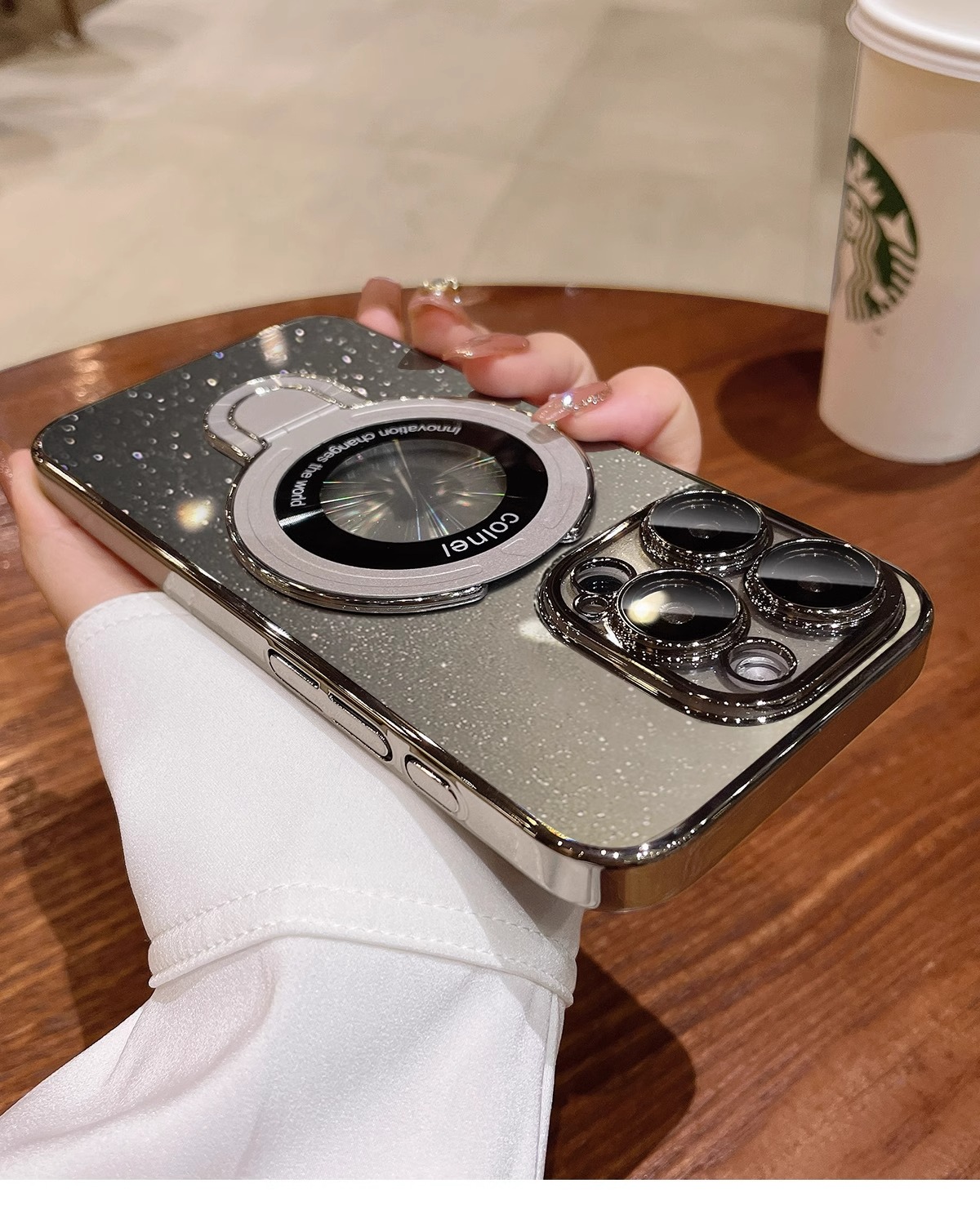 Fulcrum electroplated starry sky glitter is suitable for iPhone16 phone cases, magnetic stand, and transparent full hard cover for iPhone 15 pic 11