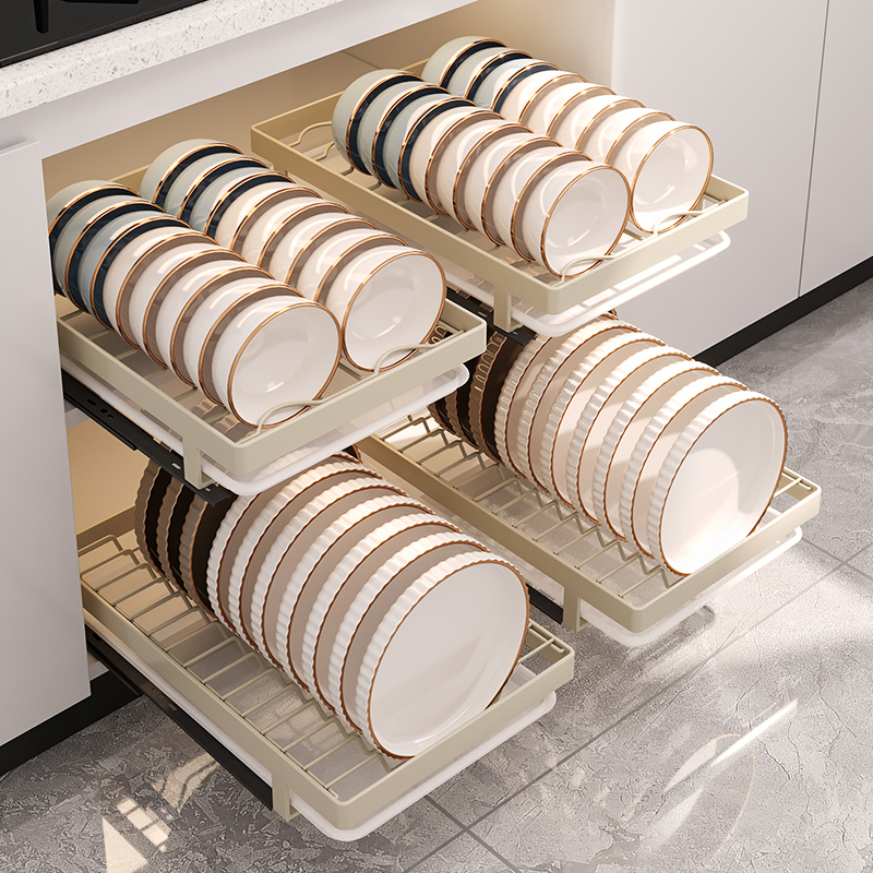 Kitchen dish rack, draining rack, built-in drawer-type dish and plate storage rack in the overall kitchen cabinet, non-drilling pull-out basket storage layer rack details Picture