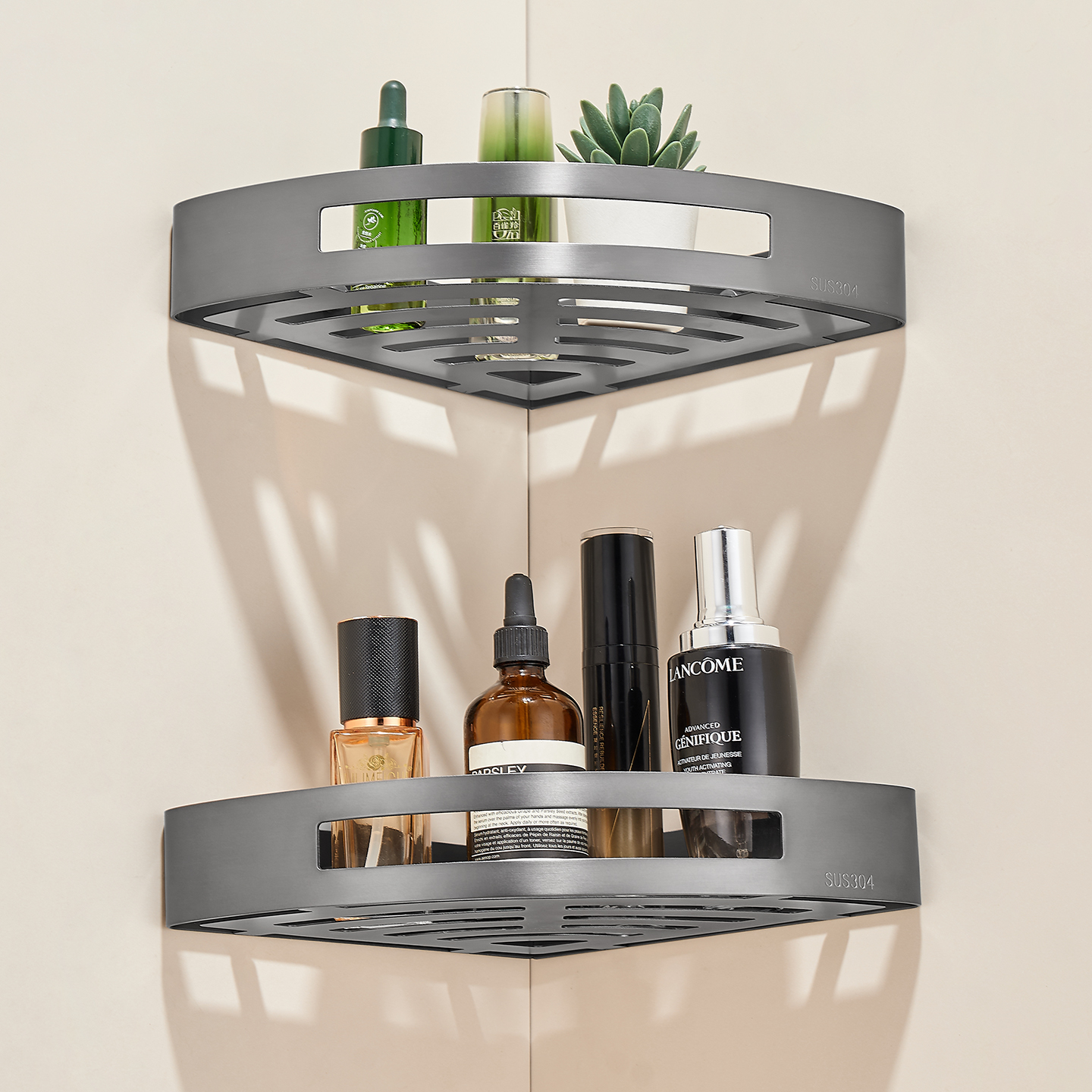 Wire drawing gun gray bathroom triangular frame, 304 stainless steel non-drilling bathroom storage corner frame, shower room corner frame Specification drawing
