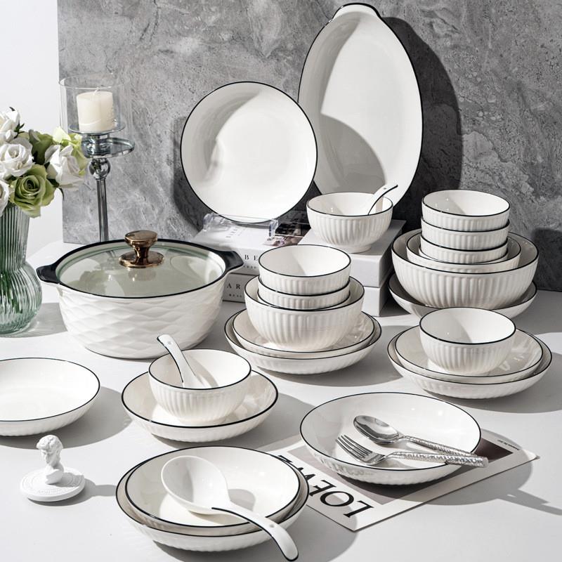 Vertical black line simple European-style underglaze color bowls, plates, face bowls, ceramic tableware, bowl and plate sets, DIY gifts details Picture