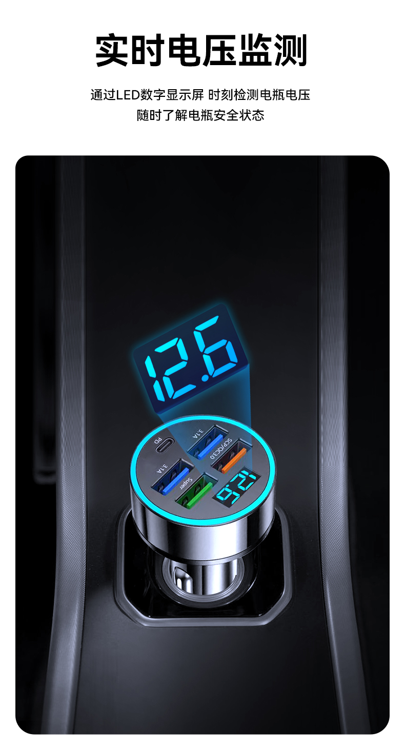 数显超级快充 PD+QC3.0跨境车充金属多功能66W车载充电器工厂直销详情9