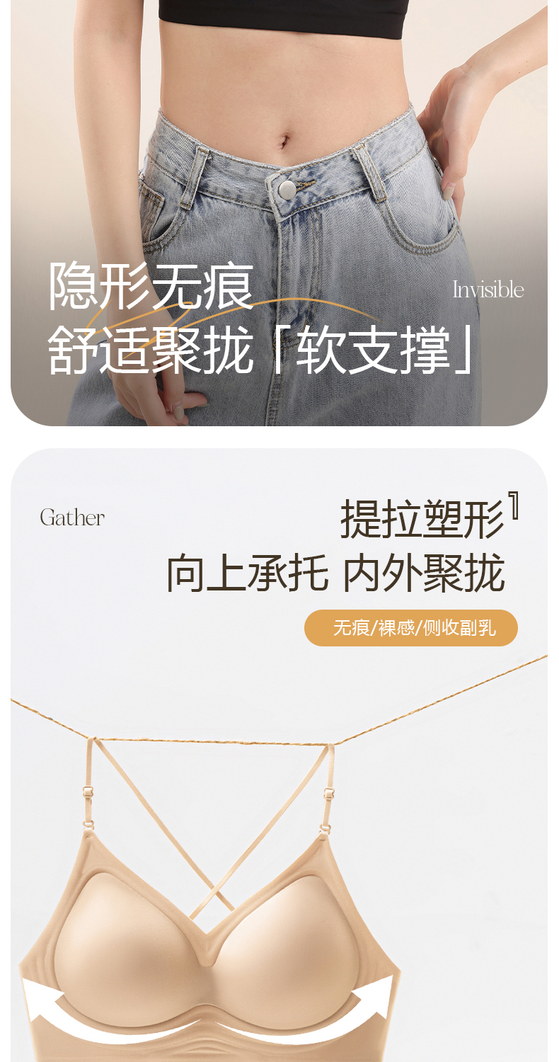 草本原版u型美背内衣女细肩带聚拢大露背隐形无痕粉底液挂脖文胸详情2