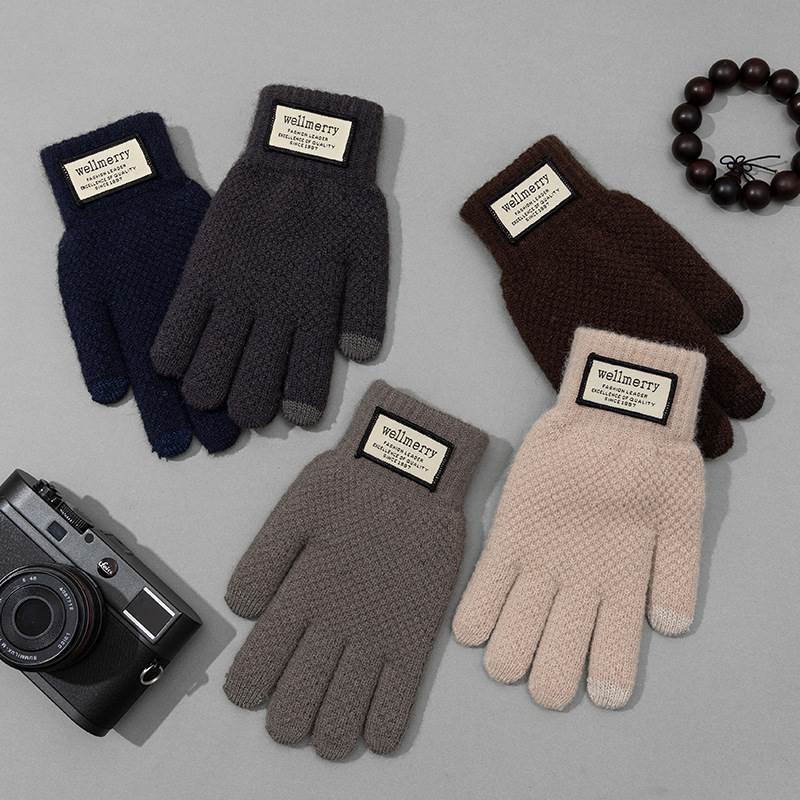 Autumn and winter warm gloves for men: Loose, large-sized woolen knitted gloves with fleece touch screen cold-proof cycling gloves details Picture