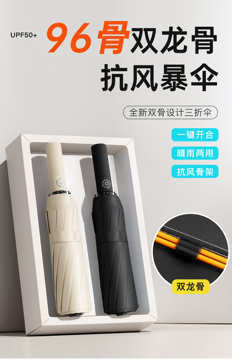 全自动抗雨伞加大加厚叠男士晴雨两用太阳伞女一键加固黑色手动详情1