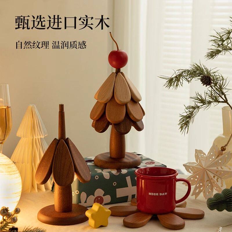High-end Christmas tree heat insulation mat table decoration, creative tree solid wood heat-resistant pot mat, folding cup mat and bowl mat Specification image