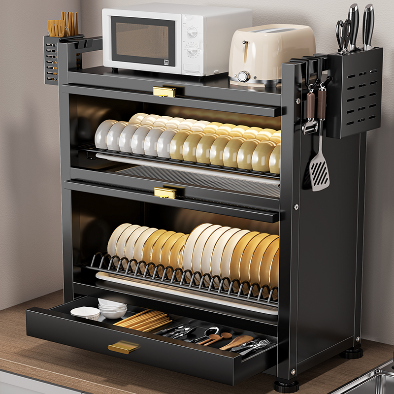 Kitchen multi-layer bowl and plate storage rack, household bowl rack, countertop, chopstick plate, dust-proof storage box, multi-functional draining rack