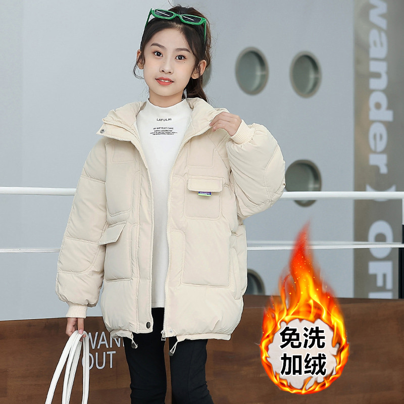 女童羽绒棉服冬季2024新款大童女孩免洗棉衣加绒加厚儿童冬装外套