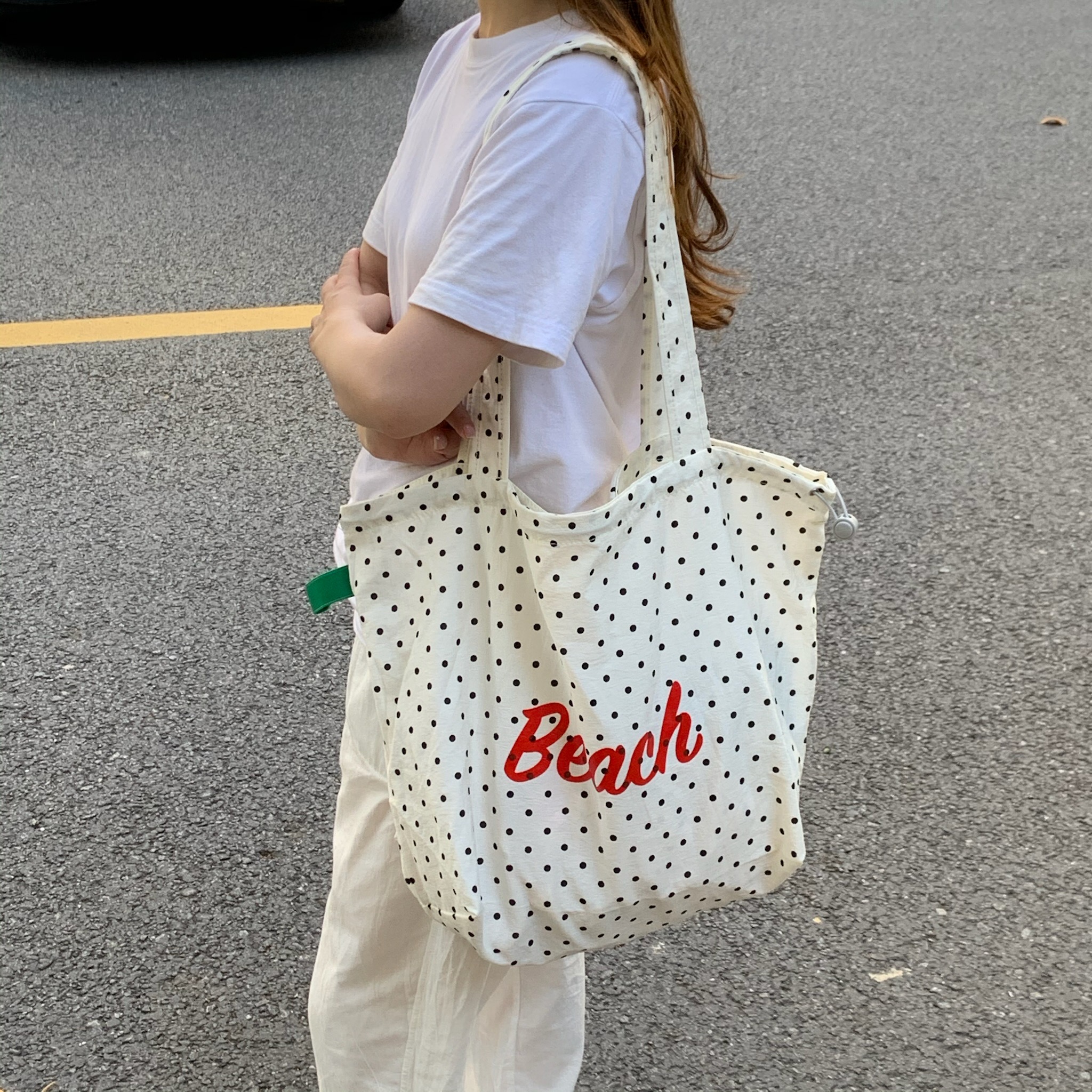 Summer new Japanese polka dot printed letter single-shoulder tote bag with large capacity, fresh and cute hand-held shopping bag pic 9