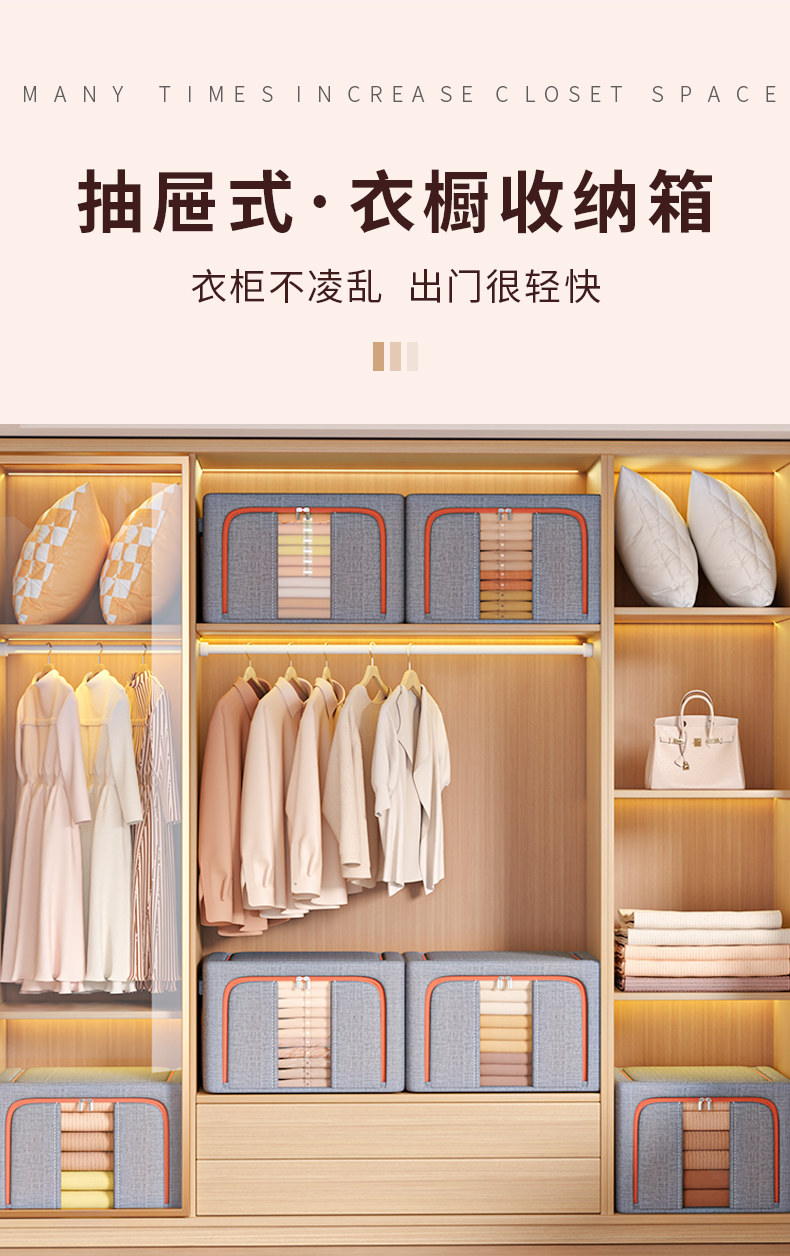 跨境棉麻钢架收纳箱衣柜家用搬家整理箱棉被衣服玩具布艺收纳箱详情2