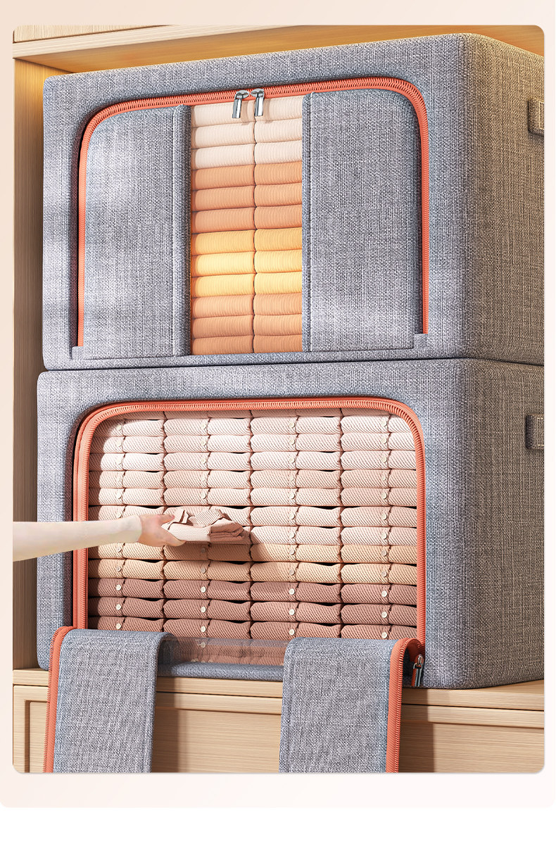 跨境棉麻钢架收纳箱衣柜家用搬家整理箱棉被衣服玩具布艺收纳箱详情8