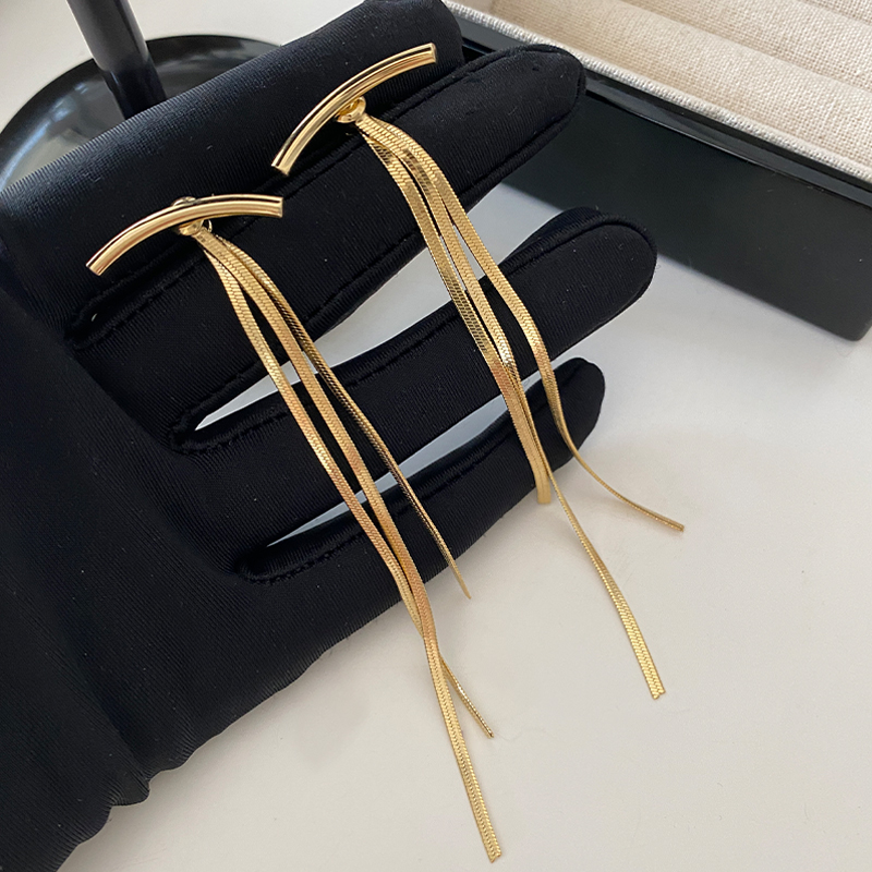 Metal tassel earrings 2024 New bestsellers, feminine earrings with a light luxury and high-end feel, long version, elegant and smiling ear needles Specification image