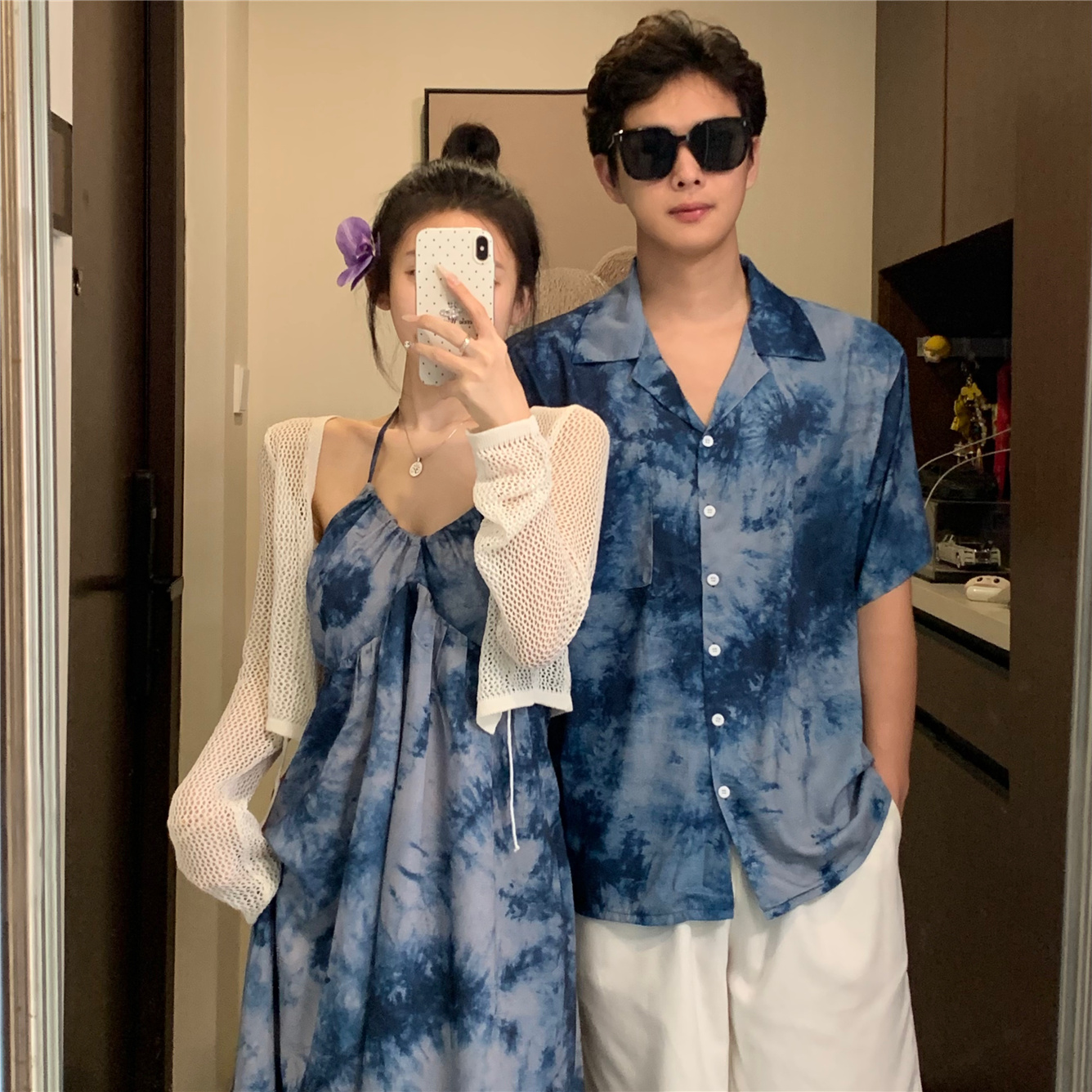 Couple's Summer Outfits, One Skirt And One Dress, 2025 New Short-Sleeved Shirt, Seaside Vacation Style Women's Tie-Dye Halter Dress Item Picture