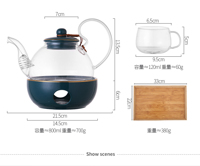 9WOR heat-resistant glass flower teapot set, afternoon tea, fruit tea, herbal tea, tea set with filter, included candles for heat preservation pic 4