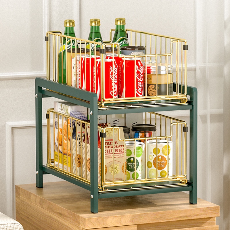 Double-layer pull-out storage rack under the kitchen sink, built-in cabinet layer rack, bathroom drawer organization rack Application Scenario