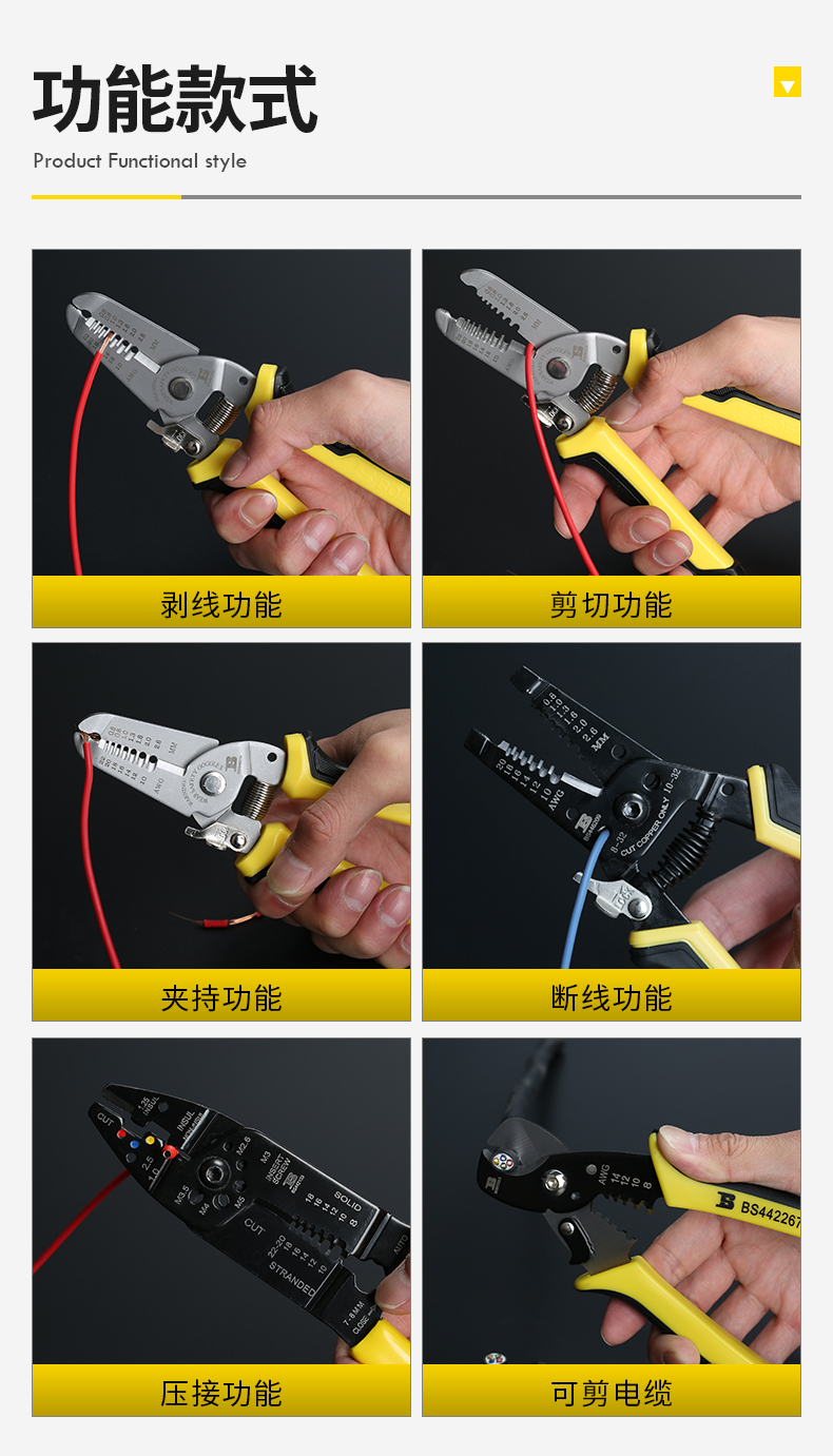波斯电缆剪刀电工手动工具剥电线皮钳子剪压线拔线 多功能剥线钳详情6