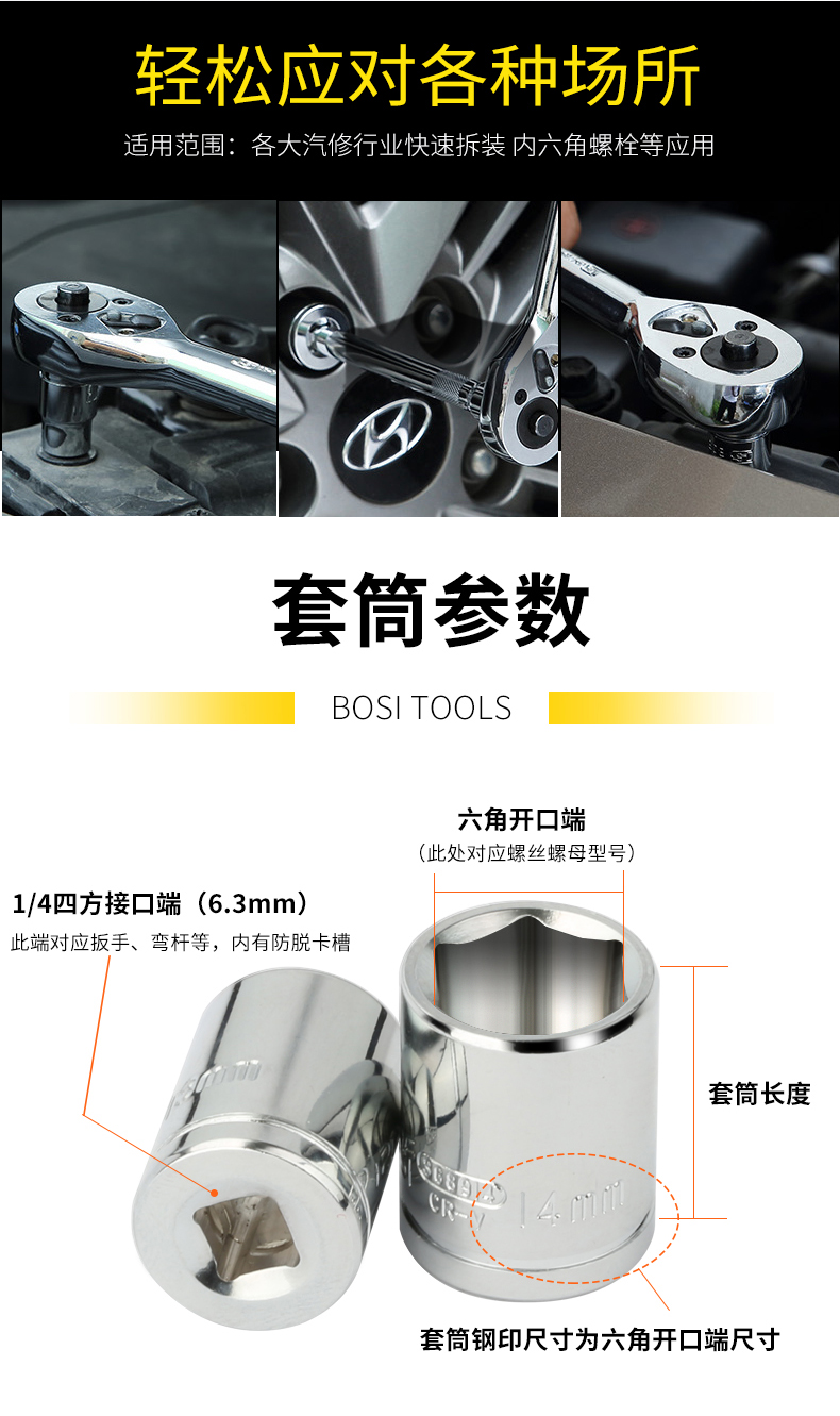 Persian 4-14mm ratchet wrench socket, 6.3mm small fly external hexagon short socket, 1/4 short socket head pic 3
